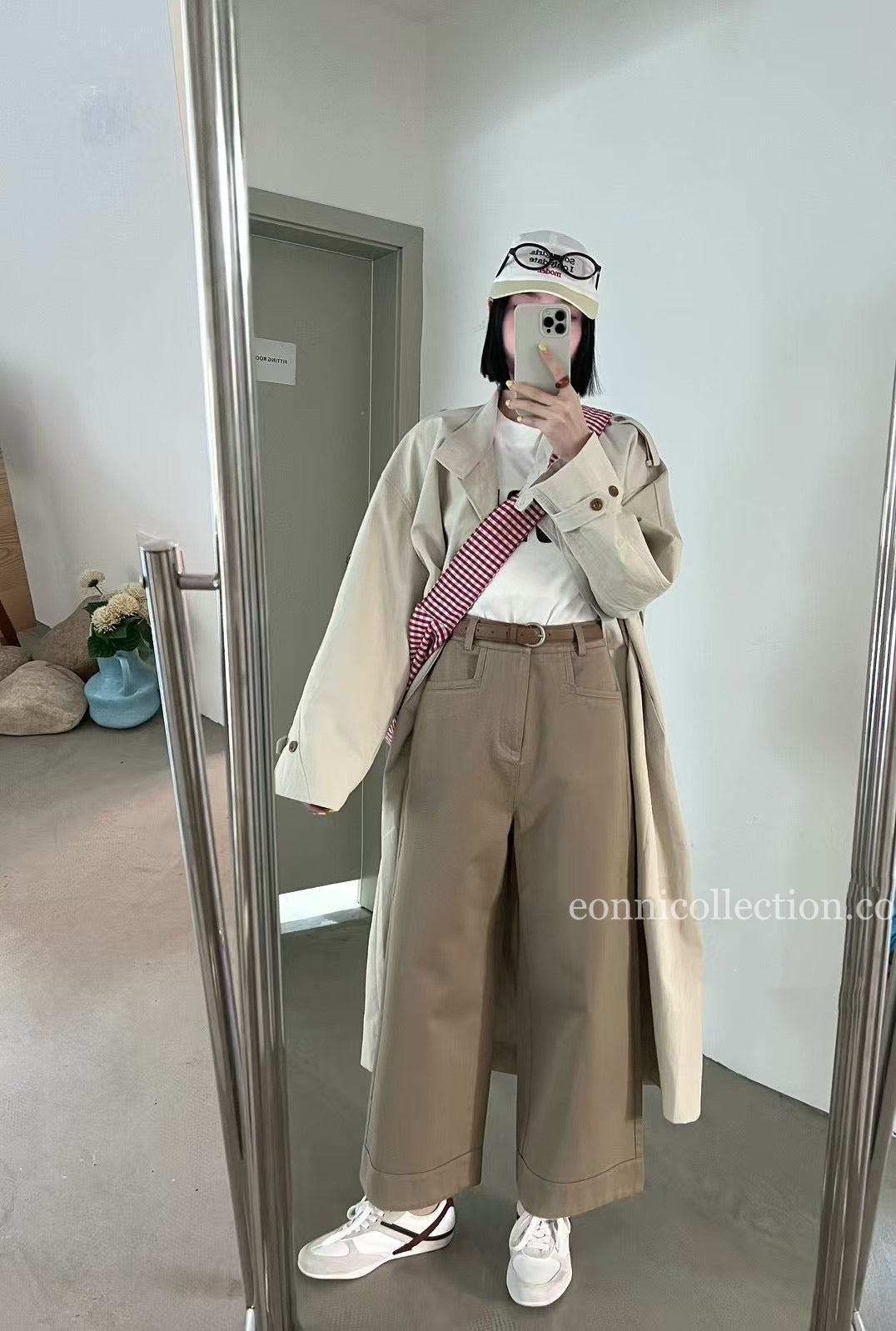 #3011 Korean Style High Waisted Washed Cotton Straight Leg Pants w/ Belt - Khaki