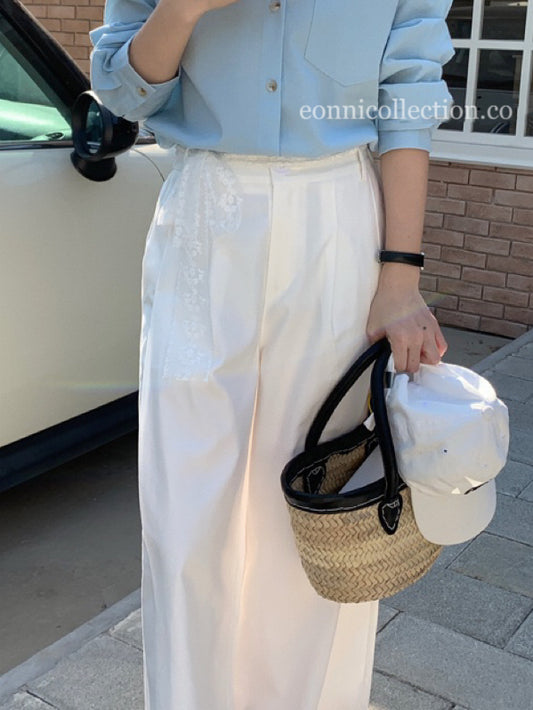 #3015 Washed Cotton Solid Wide-Leg Pants w/ Lace Tie - White