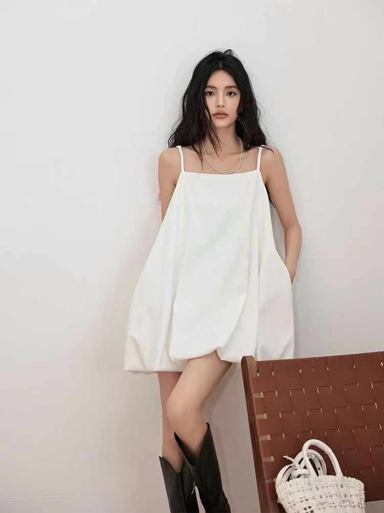 #2024 Delicate Spaghetti Straps Airy Cloud Like Ballon Dress - White