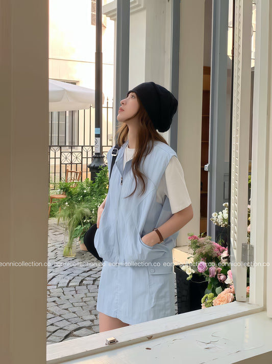 #2041 Korean Style Casual Vest + Cargo Skirt with Built in Safety Shorts - Light Blue