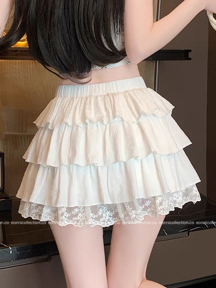 #3018 Lace Paneled A-Line Tiered Skirt with Inner Shorts(2 Colors)