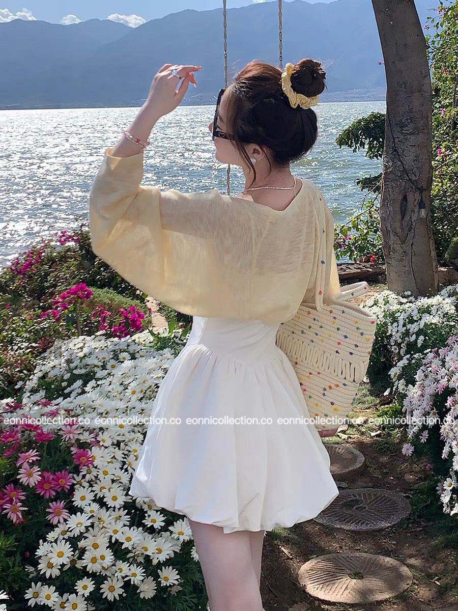 #1071 Linen Blend Cooling Knit Sun Protective Cropped Bolero Cardigan - Yellow