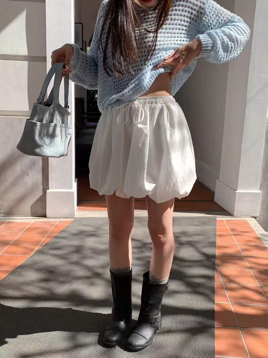 #3016 Chic Bubble Mini Skirt with Built-In Lining Shorts - Beige