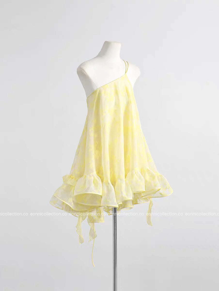 #2099 Zhao Lusi Inspired Yellow Floral Camisole Puff Dress Top