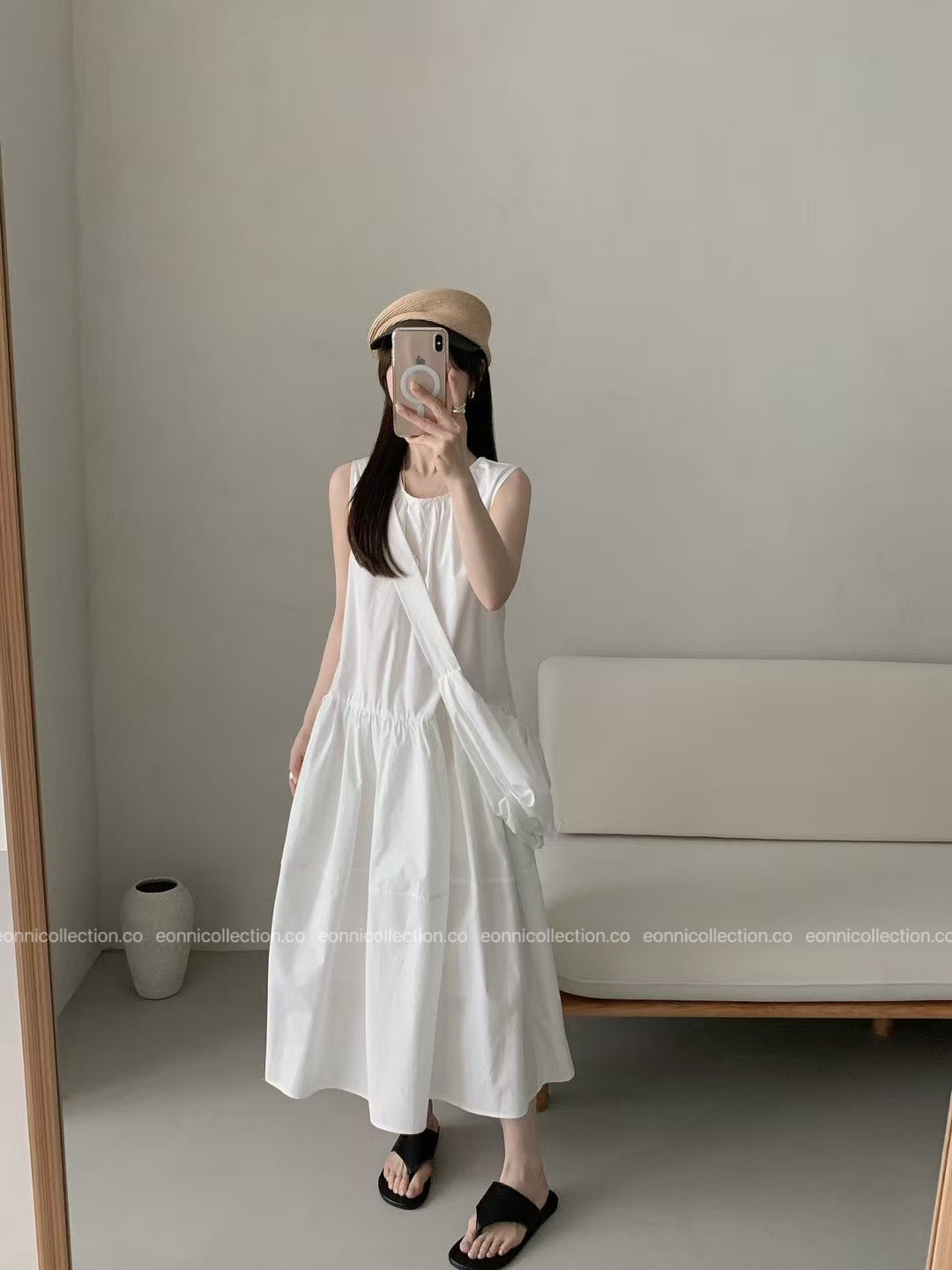 #2097 French Style Loose Fit Cotton Maxi Dress with Crossbody Hobo Bag(3 Colors)