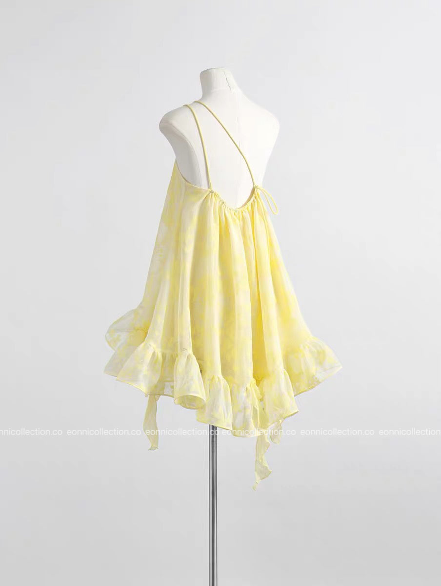 #2099 Zhao Lusi Inspired Yellow Floral Camisole Puff Dress Top