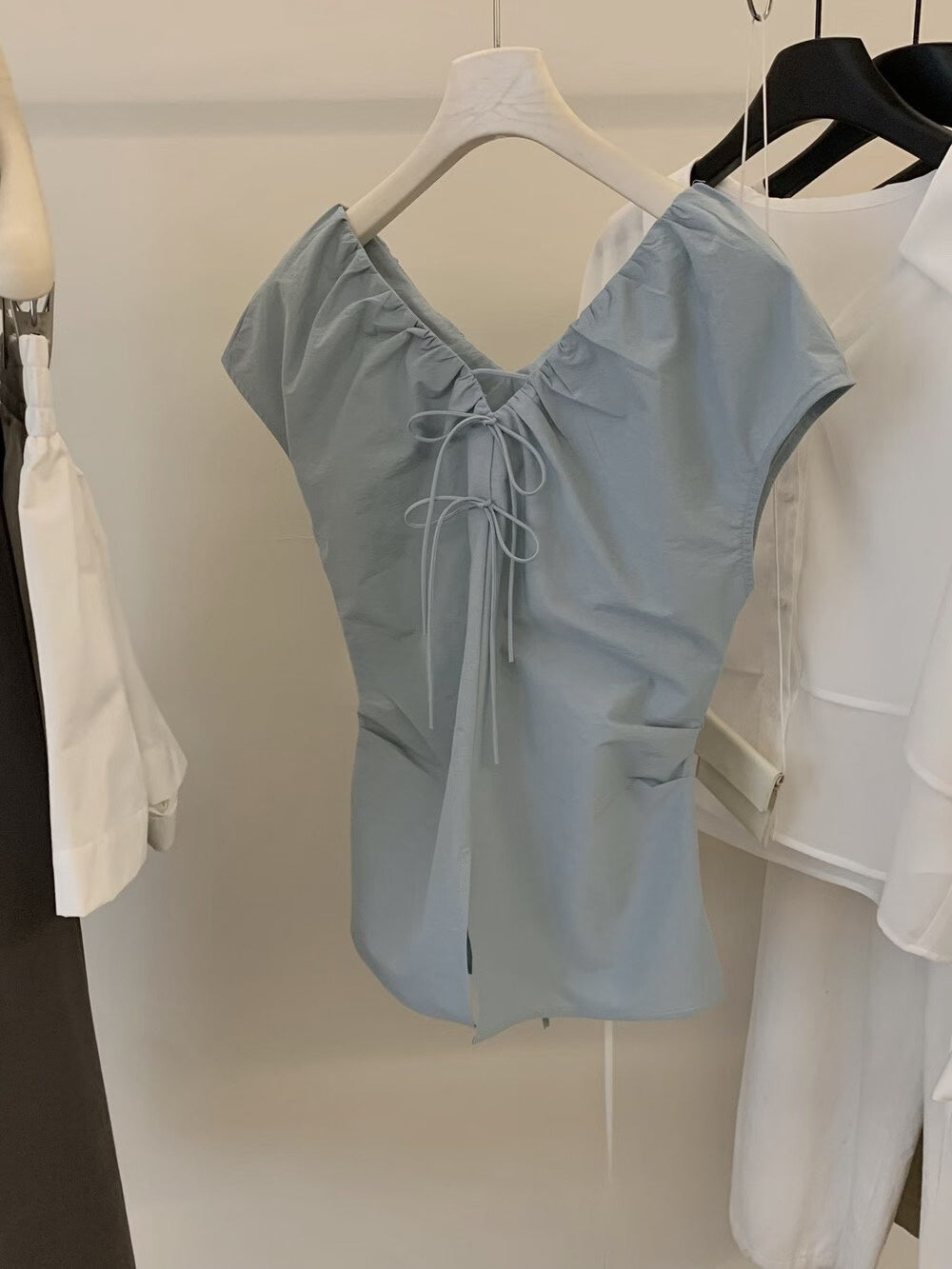 #1079 Crinkled V Neck Blouse Hand Pleated Neckline(4 Colors)