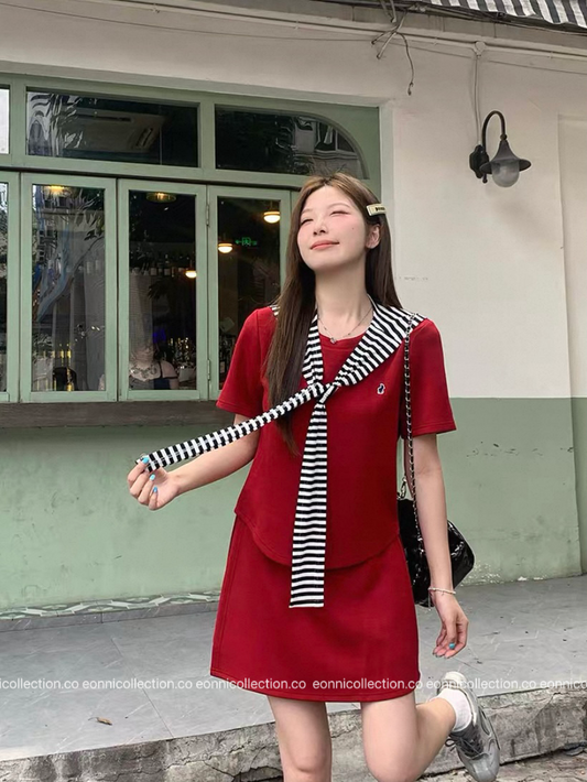 #2061 Korean Style Casual T Shirt + Cover Up High Waist Mini Skirt Three Piece Set(3 Colors)