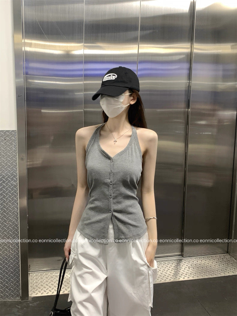 #1084 Padded Sassy Halter Top - Grey