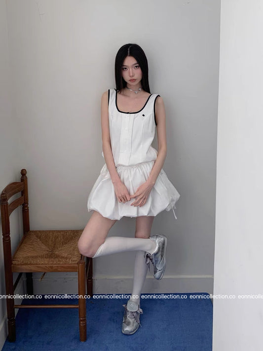 #2034 Sporty Waist Defining Peplum Puff Hem Dress(2 Colors)