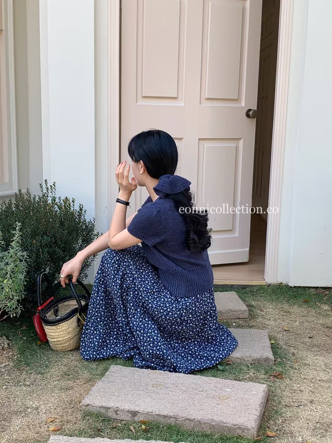 #1025 Korean-Style Lightweight Knit Sweater Short-Sleeve Top With Matching Hair Tie - Dark Blue