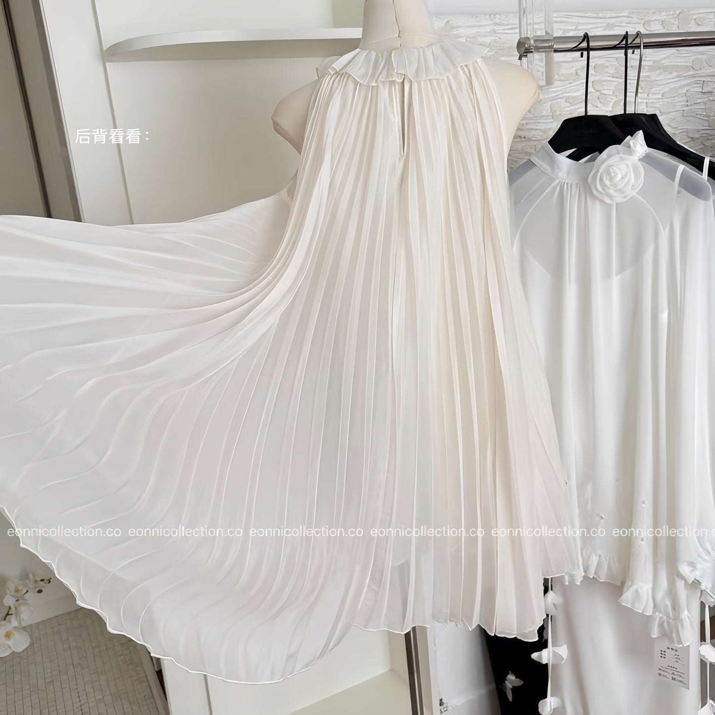 #2038 Draped Chiffon Gown Artistic 3D Floral Applique & Asymmetric Pleated Hem