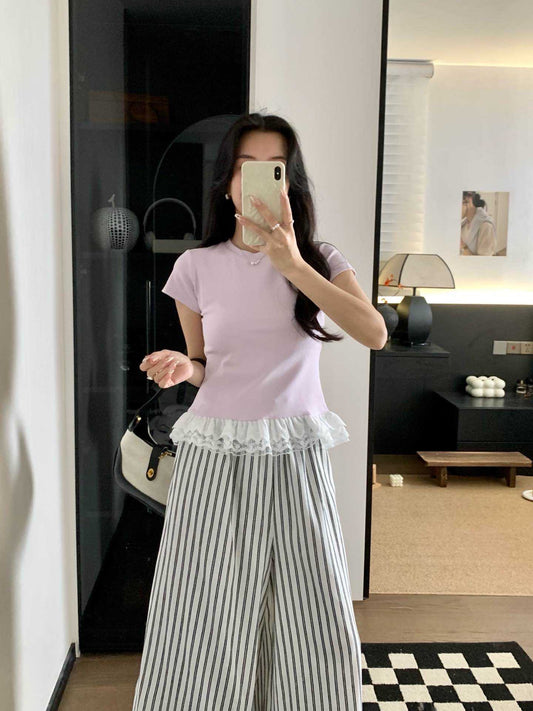 #1034 Lace-Paneled Cotton Tee - Purple