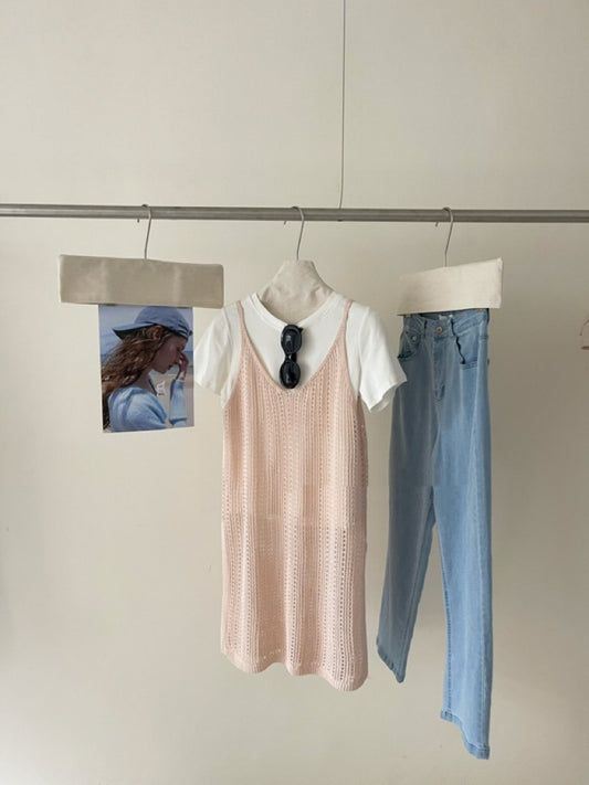 #1045 Knit Strappy Midi Slip Dress - Pink