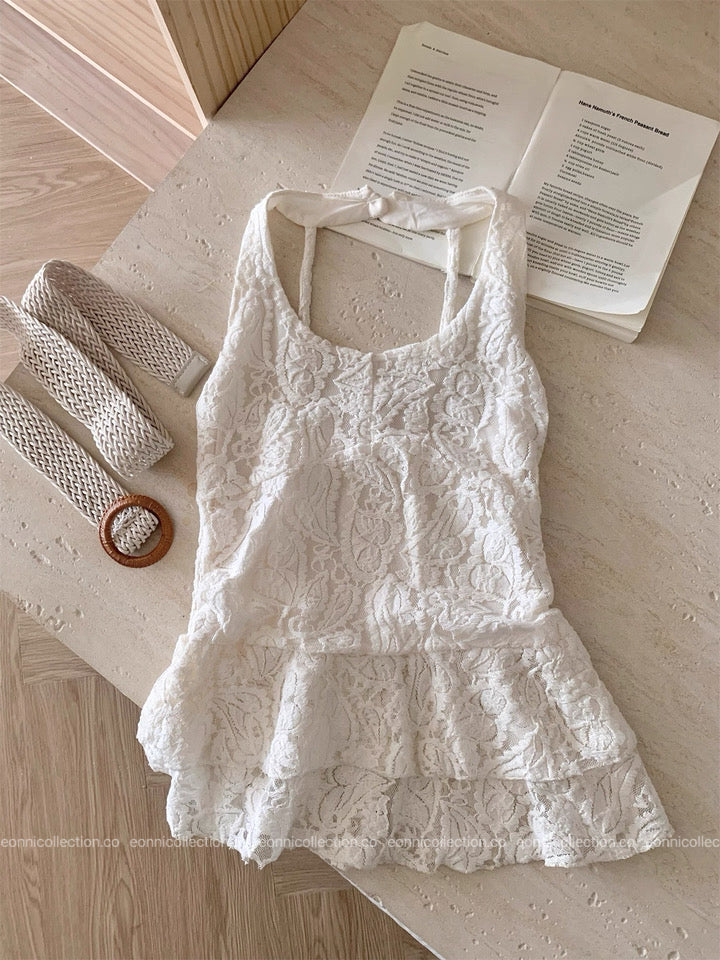 #2076 Lace Halter Camisole Set V Neck Top + Plaid Skirt with Belt