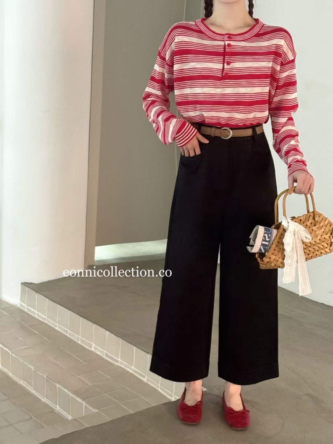 #3011 Korean Style High Waisted Washed Cotton Straight Leg Pants w/ Belt - Black
