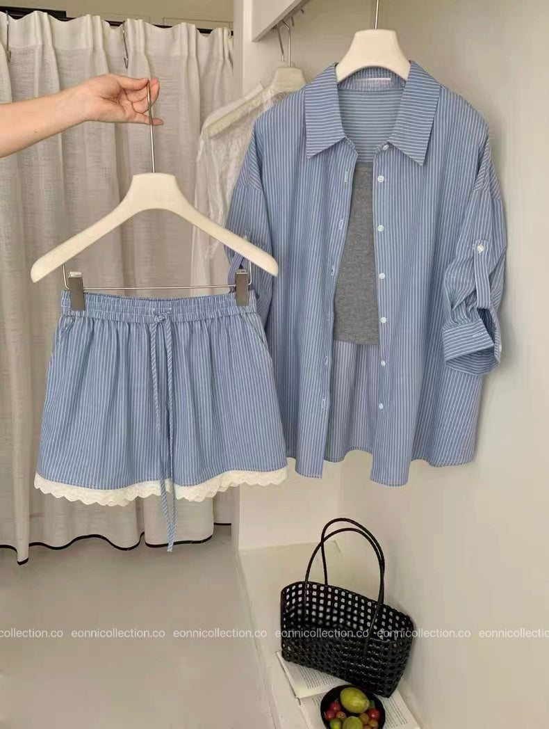 #2089 Effortless Striped Shirt + Sleeveless Camisole + Lace Trim Shorts Set
