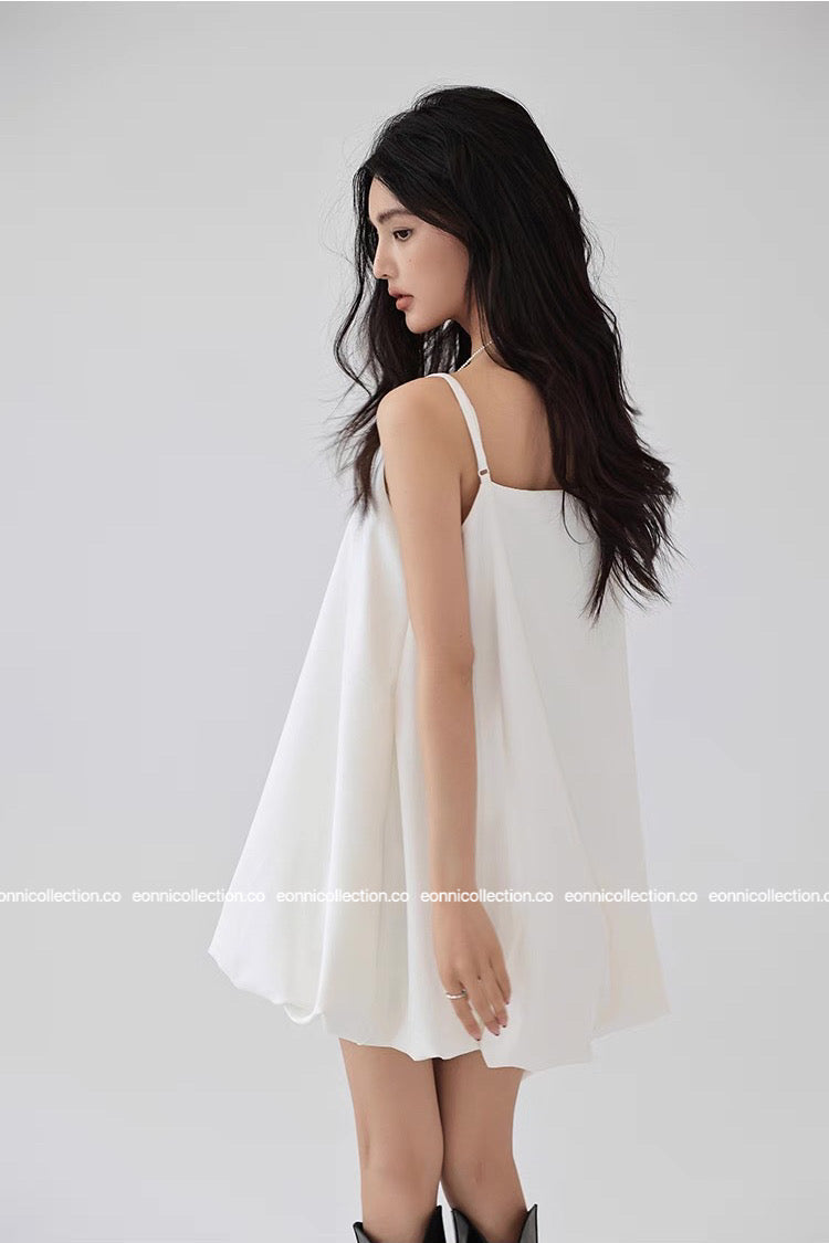 #2024 Delicate Spaghetti Straps Airy Cloud Like Ballon Dress - White