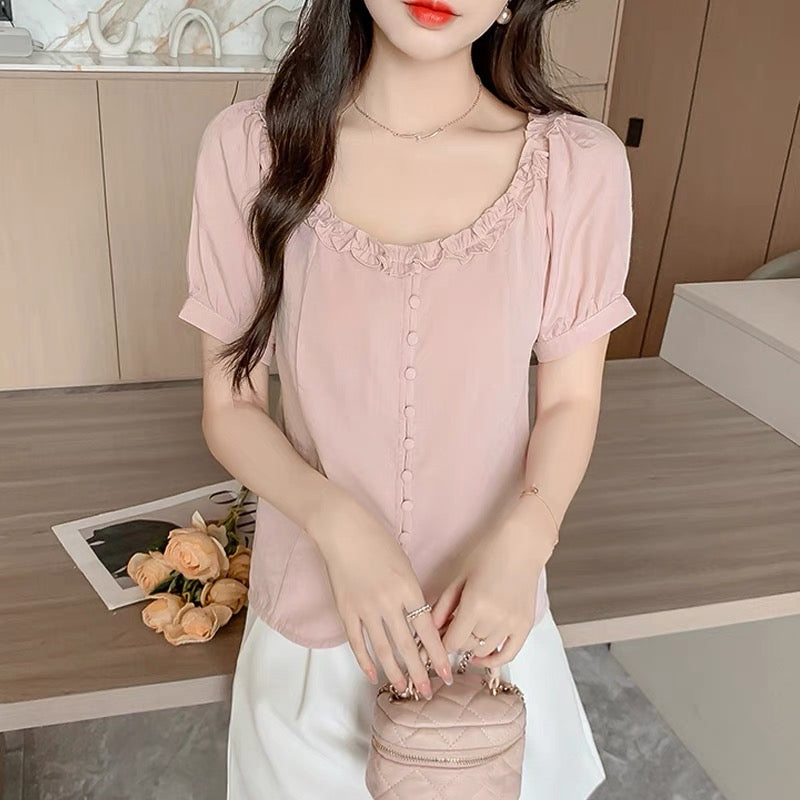 #1047 Linen Clam Shell Ruffle Blouse - Pink