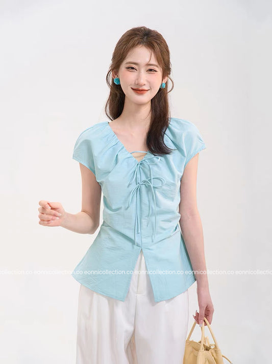 #1079 Crinkled V Neck Blouse Hand Pleated Neckline(4 Colors)
