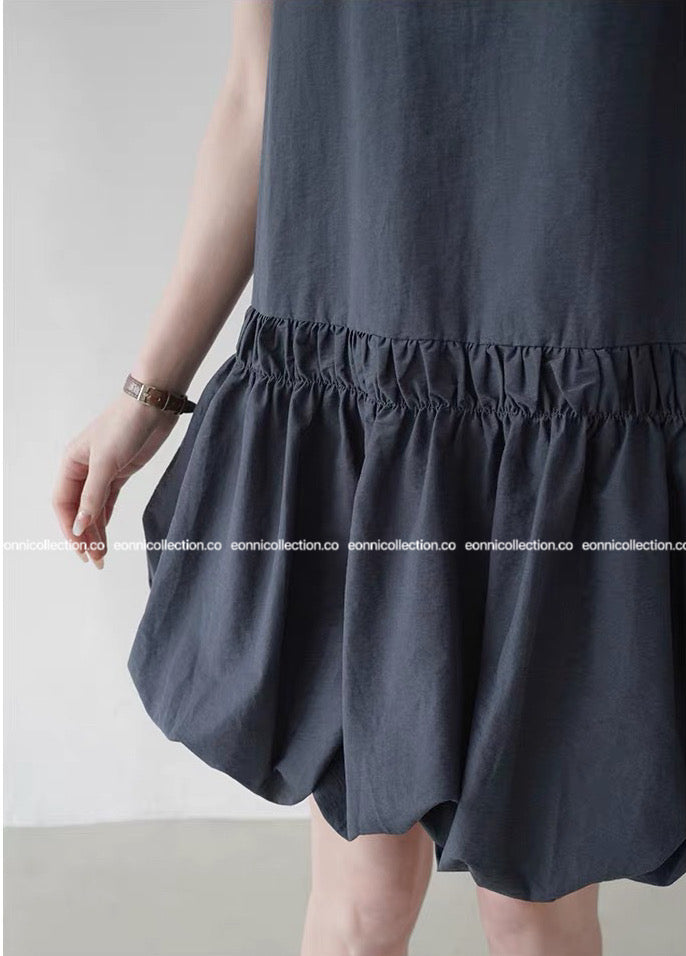 #2055 Casual Bloom Sundress & Matching Hair Tie Set - Dark Blue