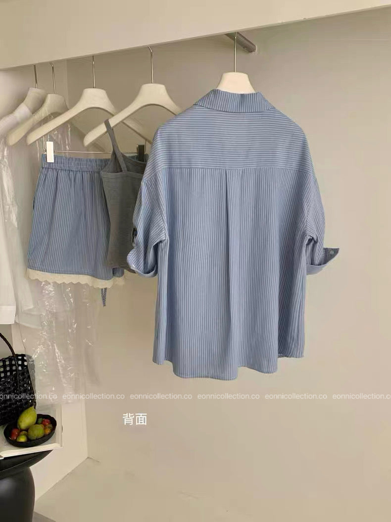 #2089 Effortless Striped Shirt + Sleeveless Camisole + Lace Trim Shorts Set