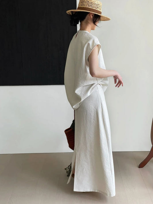 #2028 French Minimalist Linen Coordinates Le Set Décontracté - Beige