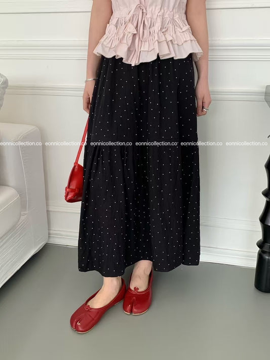 #3022 Elasticized High Waisted Cotton A Line Skirt - Black Polka Dots