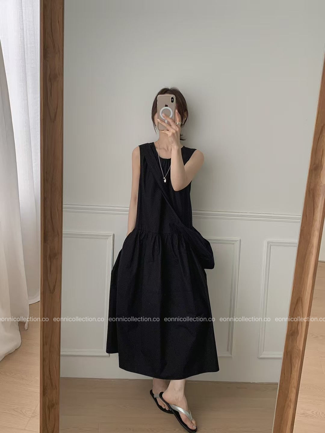 #2097 French Style Loose Fit Cotton Maxi Dress with Crossbody Hobo Bag(3 Colors)