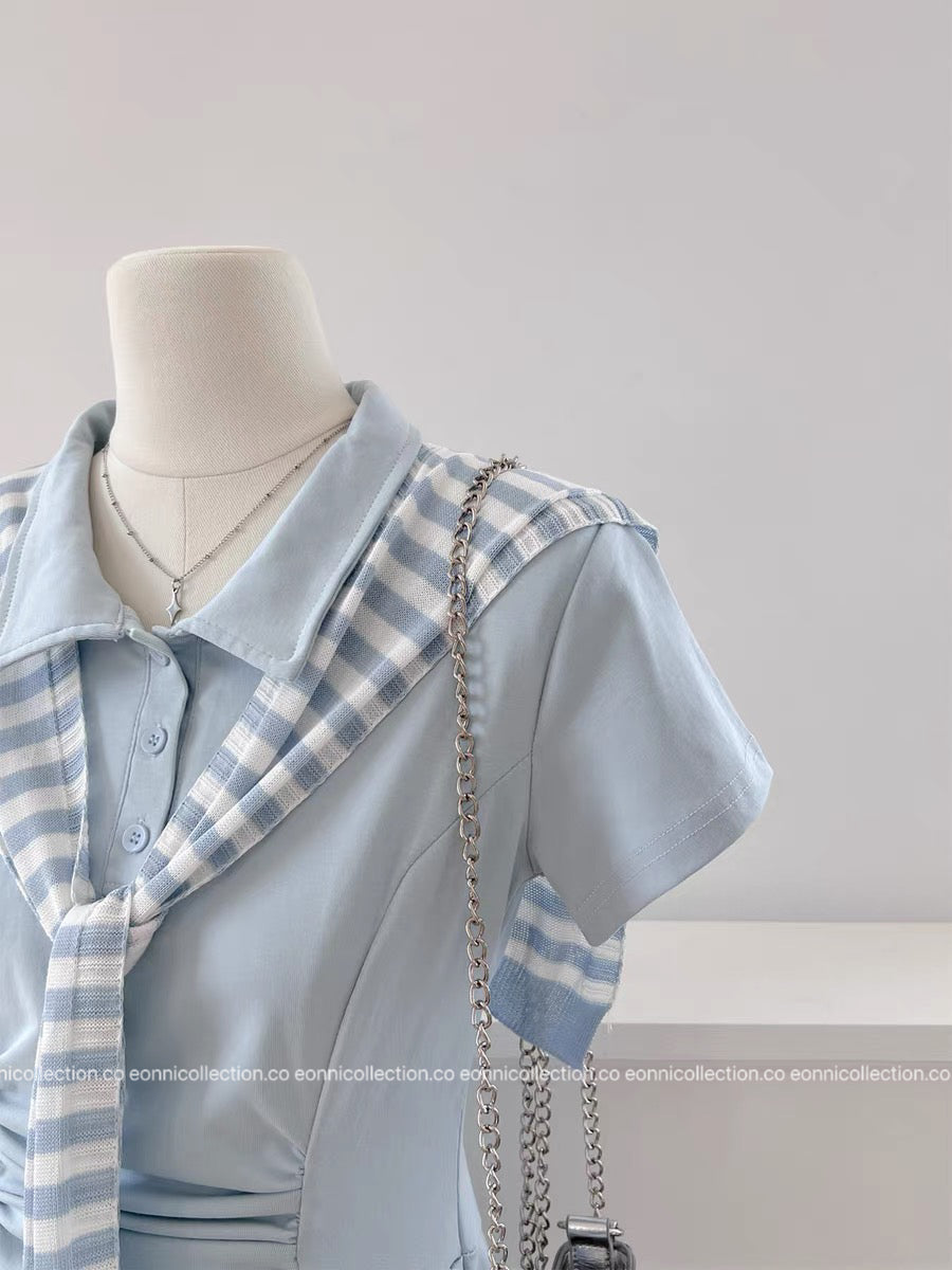 #2105 Preppy Polo Dress 3-Piece Set with Brooch(3 Colors)