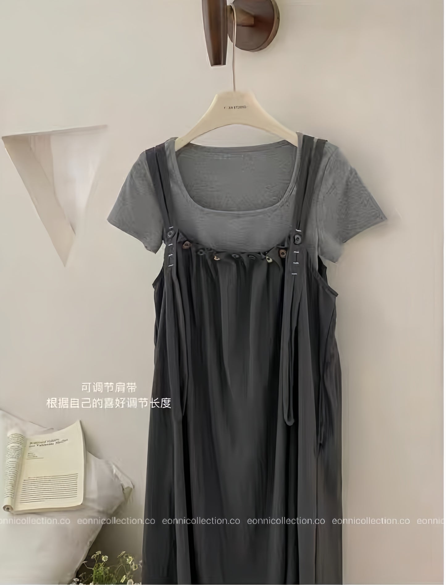 #2090 Harajuku Chic Straps Pinafore + Cropped Cotton Tee Set