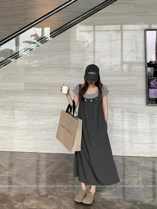 #2090 Harajuku Chic Straps Pinafore + Cropped Cotton Tee Set