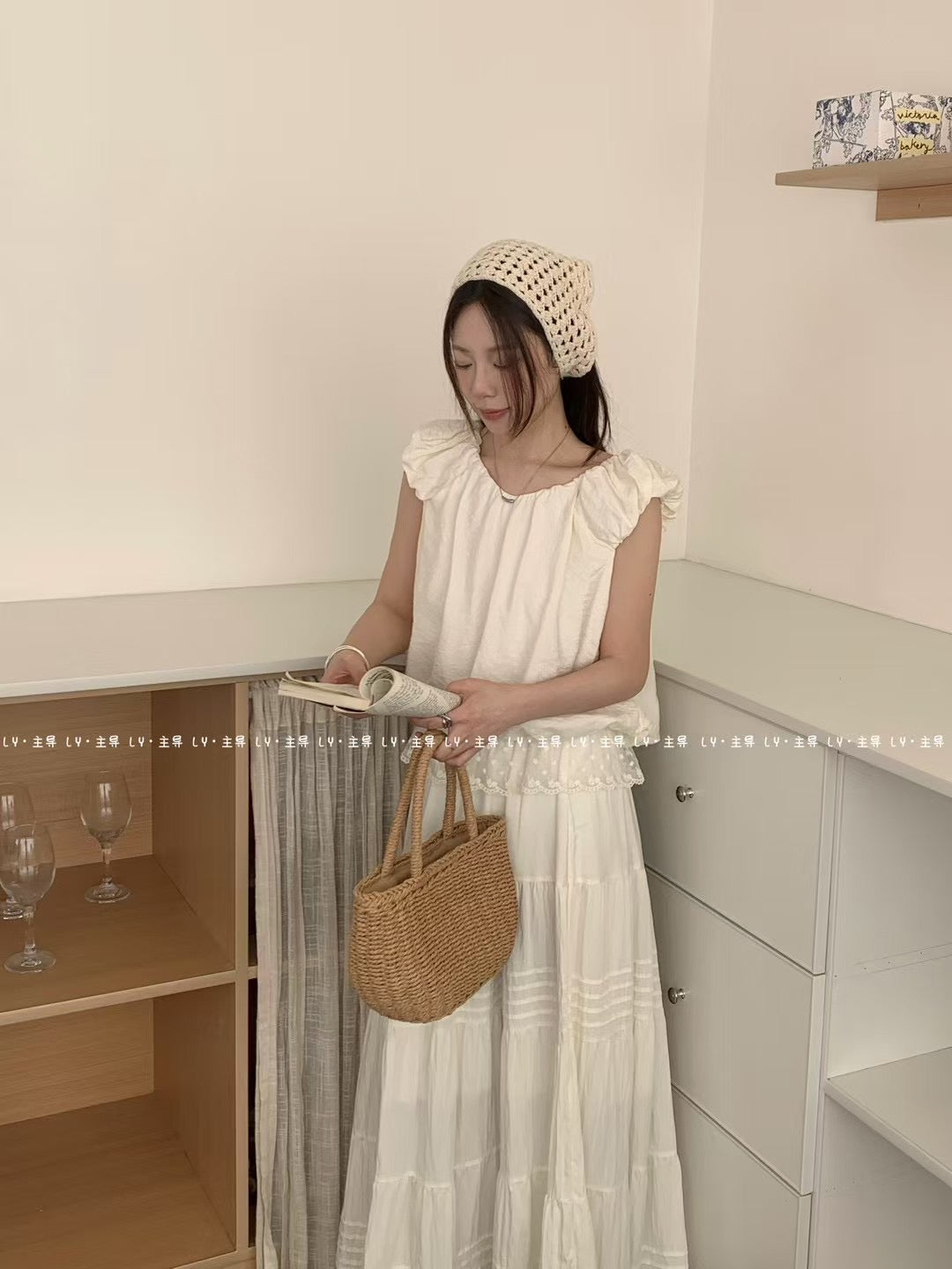 #1032 Eonni Flutter-Sleeve Top w/ Lace Panel Hem - Beige