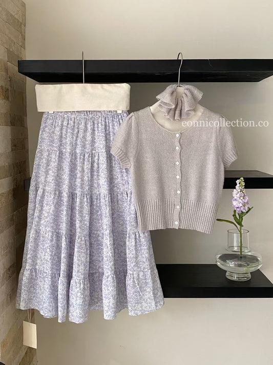 #1025 Korean-Style Lightweight Knit Sweater Short-Sleeve Top With Matching Hair Tie - Light Grey