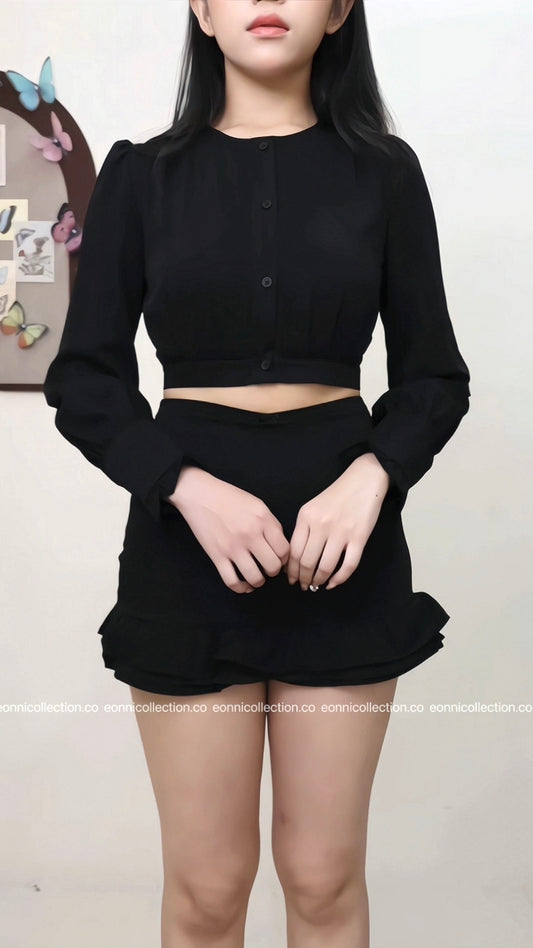 #2070 Parisian Crop Top & Flounced Pencil Skirt Ensemble - Black