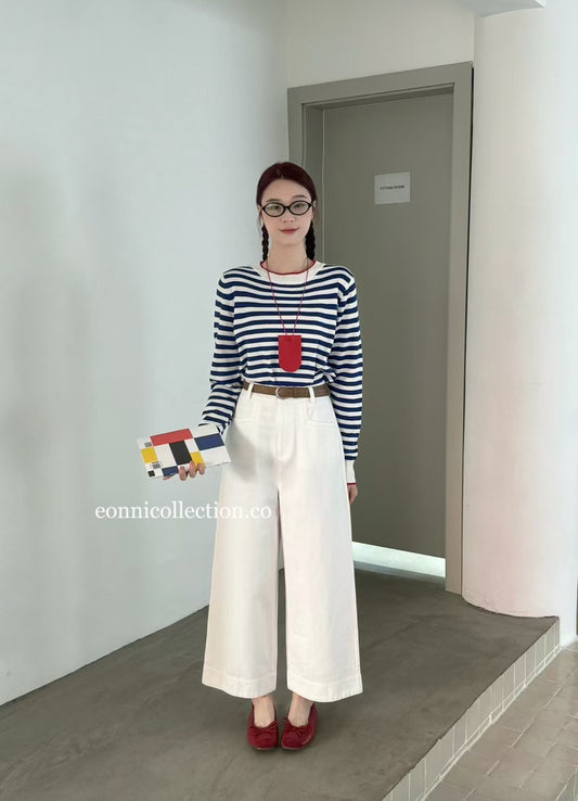 #3011 Korean Style High Waisted Washed Cotton Straight Leg Ankle Pants w/ Belt - White