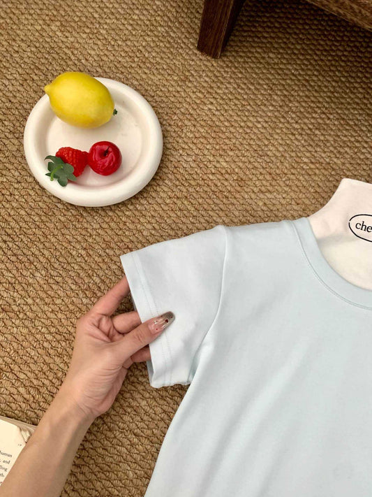 #1034 Lace-Paneled Cotton Tee - Blue