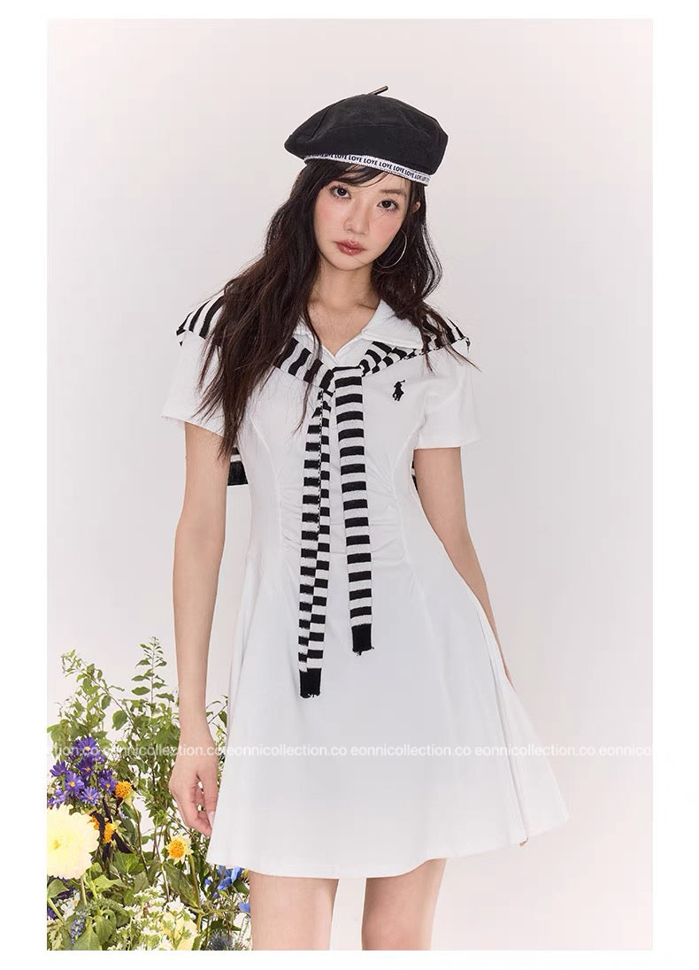 #2105 Preppy Polo Dress 3-Piece Set with Brooch(3 Colors)