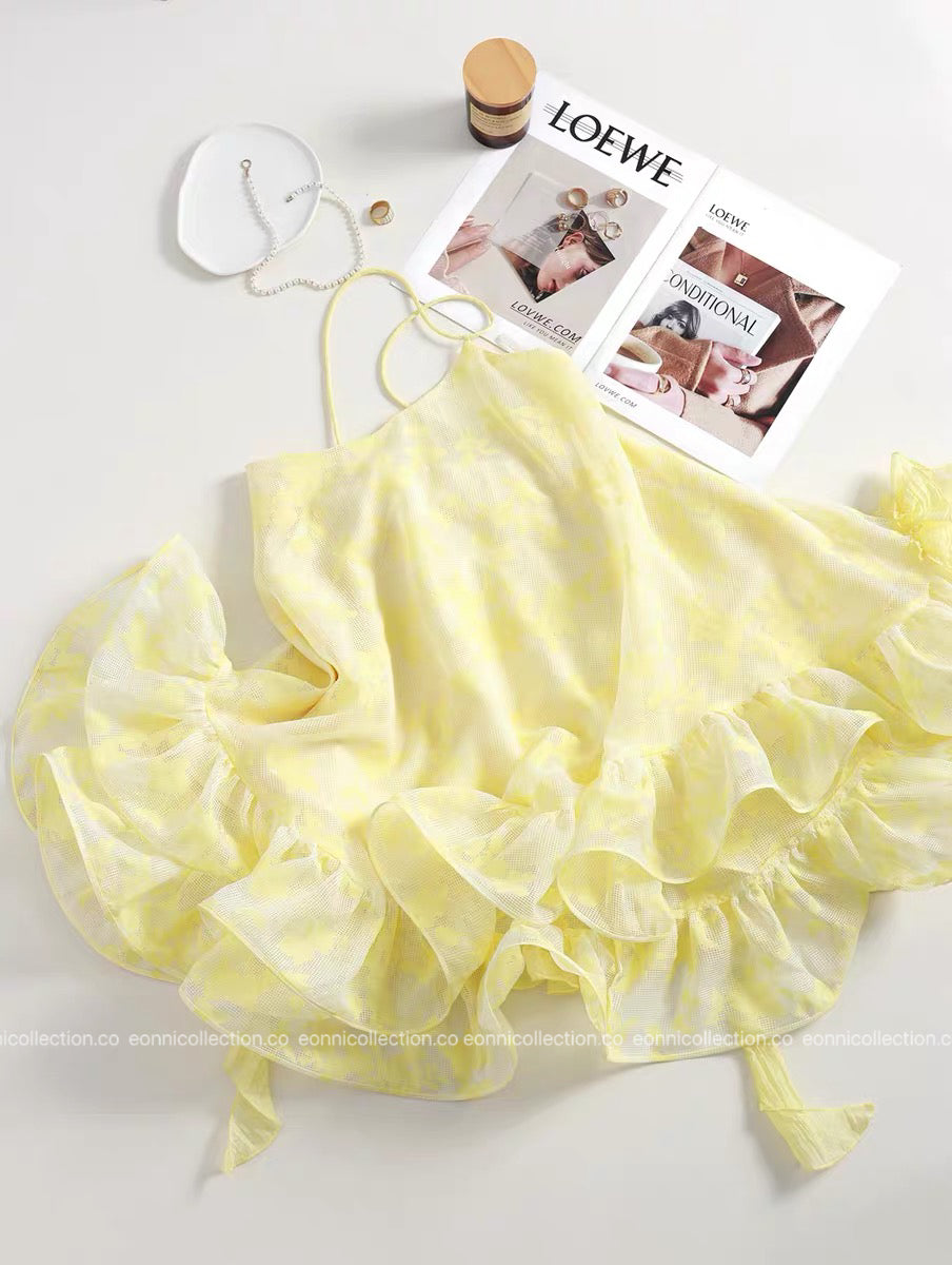 #2099 Zhao Lusi Inspired Yellow Floral Camisole Puff Dress Top