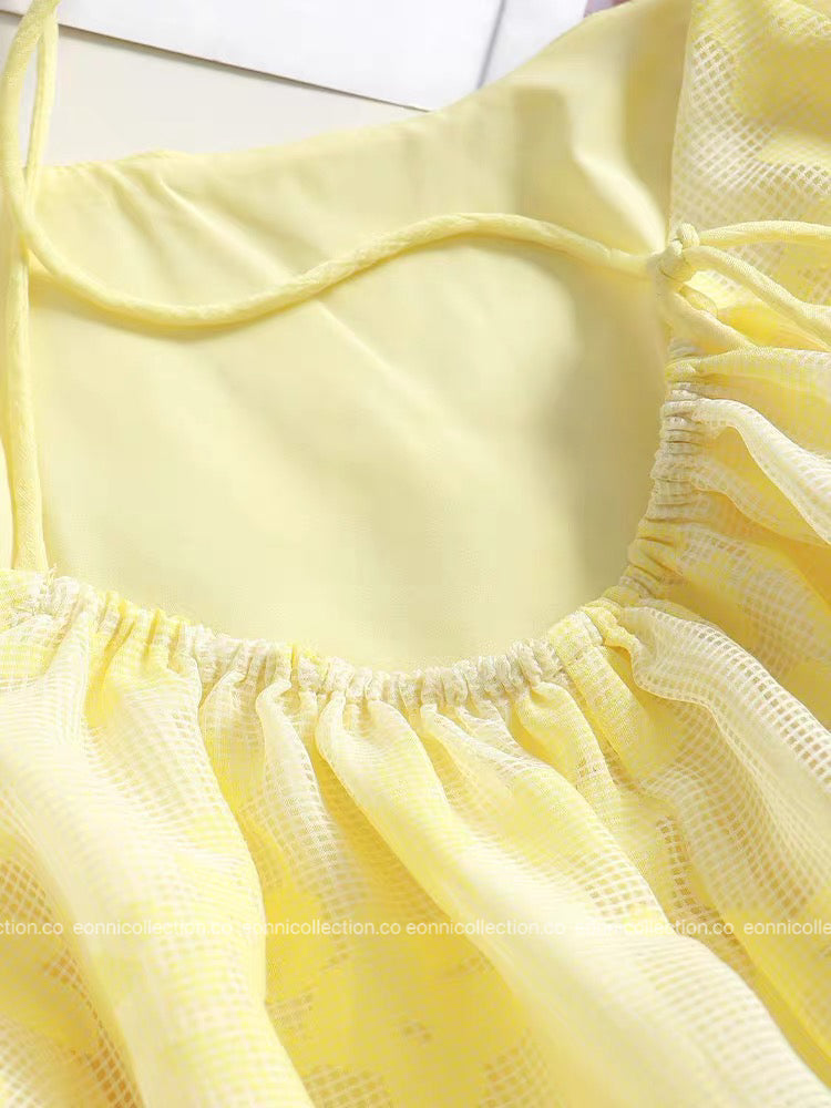 #2099 Zhao Lusi Inspired Yellow Floral Camisole Puff Dress Top