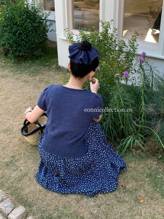 #1025 Korean-Style Lightweight Knit Sweater Short-Sleeve Top With Matching Hair Tie - Dark Blue