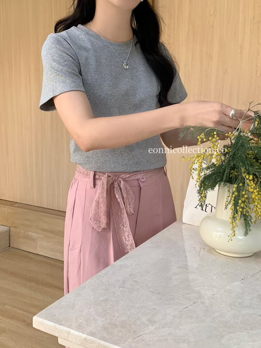 #3015 Washed Cotton Solid Wide-Leg Pants w/  Elastic & Lace Tie - Pink