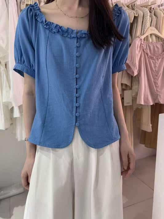 #1047 Linen Clam Shell Ruffle Blouse -Blue