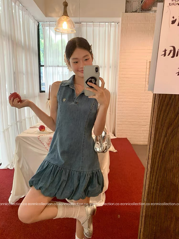 #2116 Korean Denim Bubble Hem Tank Dress