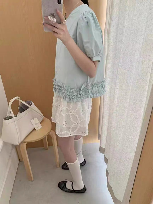 #1035 Loose-Fit Short Sleeve Shirt w/ Ruffle Trim & Matching Hair Tie - Green