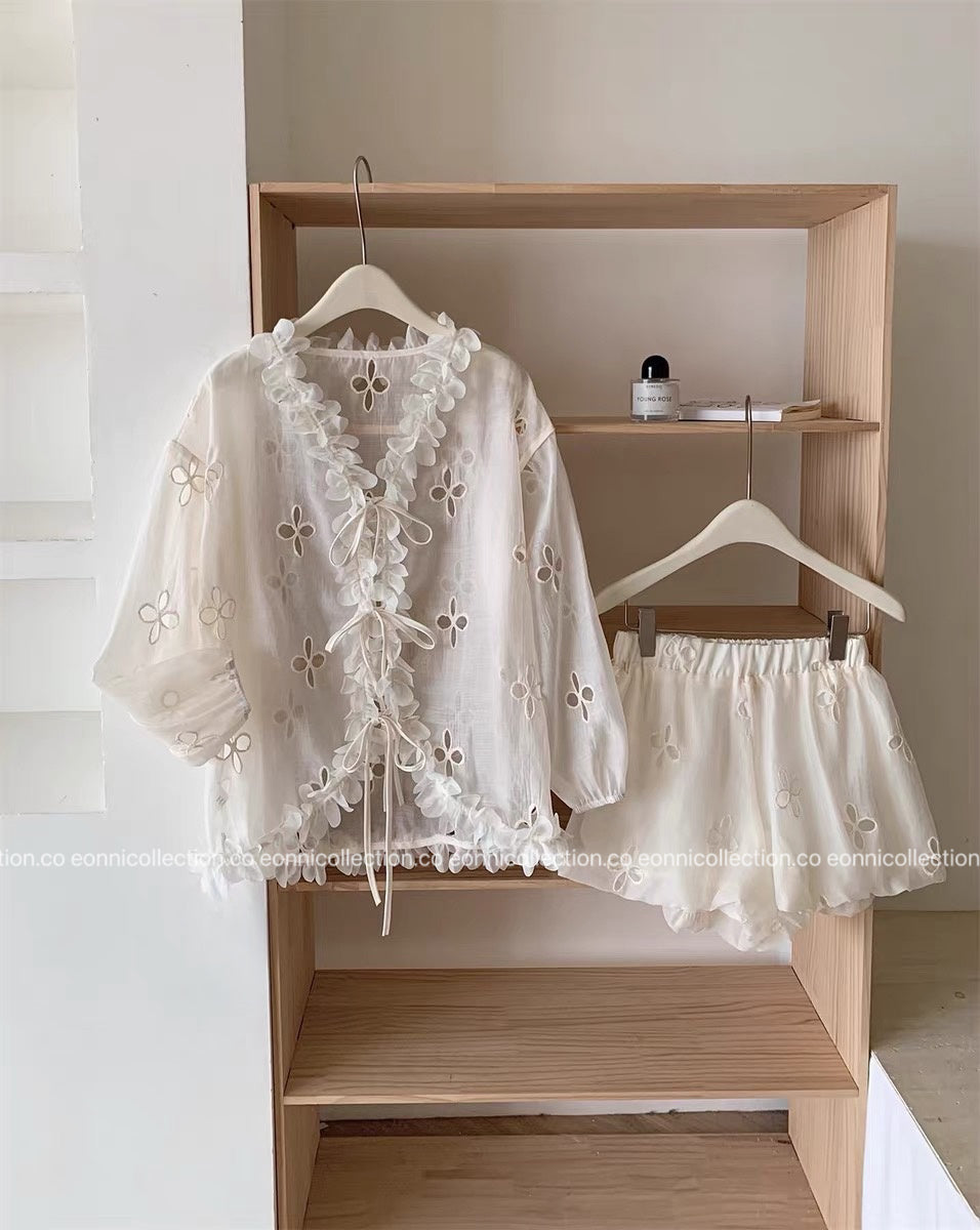 #2108 French Style Eyelet Cardigan Set – Elegant Two-Piece