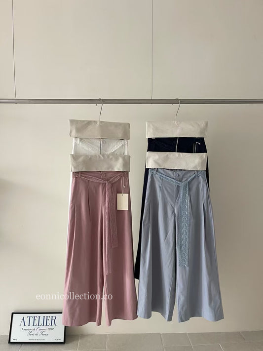 #3015 Washed Cotton Solid Wide-Leg Pants w/  Elastic & Lace Tie - Light Blue