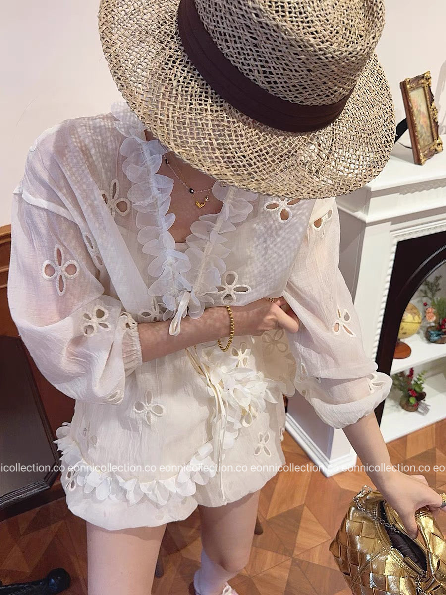 #2108 French Style Eyelet Cardigan Set – Elegant Two-Piece