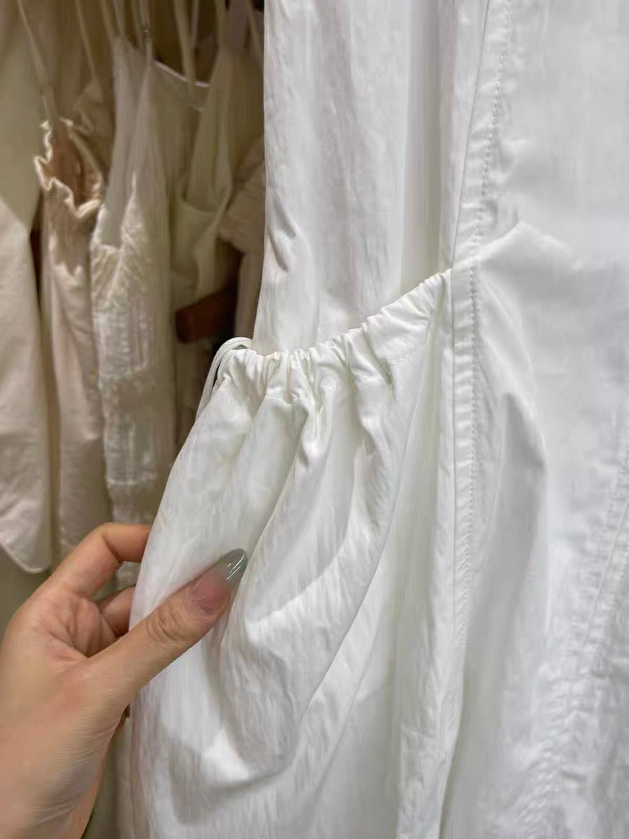 #2030 Korean Style Drawstring Pocket Tank Dress - White