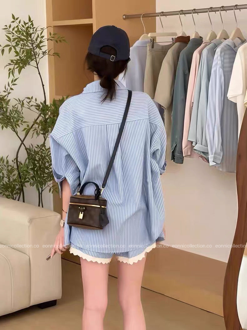 #2089 Effortless Striped Shirt + Sleeveless Camisole + Lace Trim Shorts Set